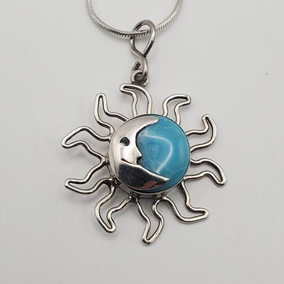 Sterling Silver Larimar Sun Moon Pendant 23" Snake Chain Necklace Made in Mexico - Picture 2 of 12